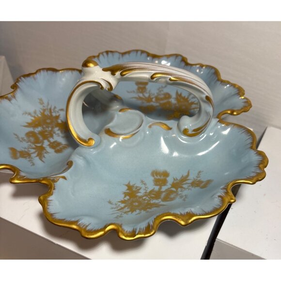 Limoges France Handled Divided Dish Blue Porcelain 11" Gold Trim Scalloped Edge - Picture 5 of 9